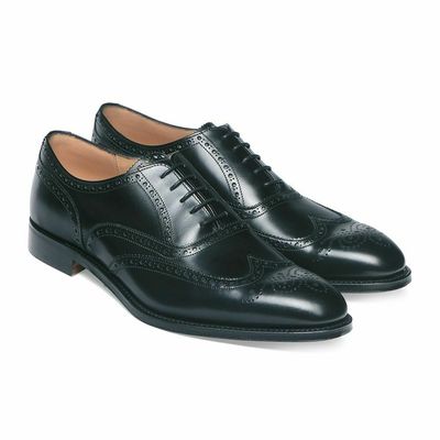Handmade men's wing tip brogue dress shoes, men black leather office shoes