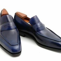 Handmade Men's Navy Blue Leather Moccasins Shoes, Men Blue Leather Shoes - Thumbnail 1