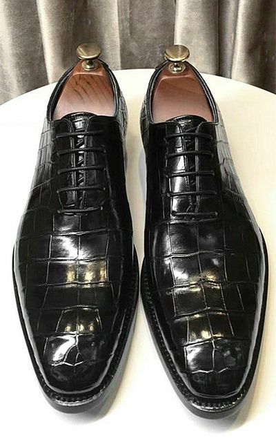 Handmade Men's Leather Shoes, Black Crocodile Patterned Dress Shoes
