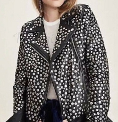 Handmade Women Black Leather Studded Biker Jacket, Womens Rock Punk Jacket