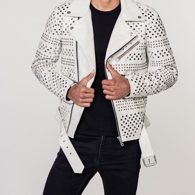 Handmade mens punk style white sliver studded brando biker leather jacket