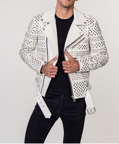 Handmade Mens Punk Style White Sliver Studded Brando Biker Leather Jacket