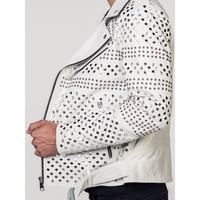Handmade Mens Punk Style White Sliver Studded Brando Biker Leather Jacket - Thumbnail 1