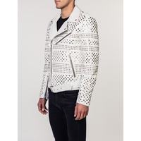 Handmade Mens Punk Style White Sliver Studded Brando Biker Leather Jacket - Thumbnail 2