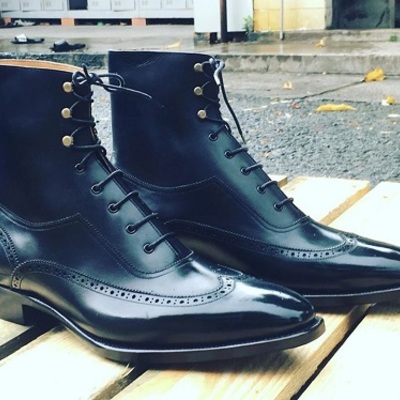 Handmade mens navy blue wingtip brogue dress boots, men ankle leather boot