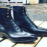 Handmade Mens Navy Blue Wingtip Brogue Dress Boots, Men Ankle Leather Boot - Thumbnail 1