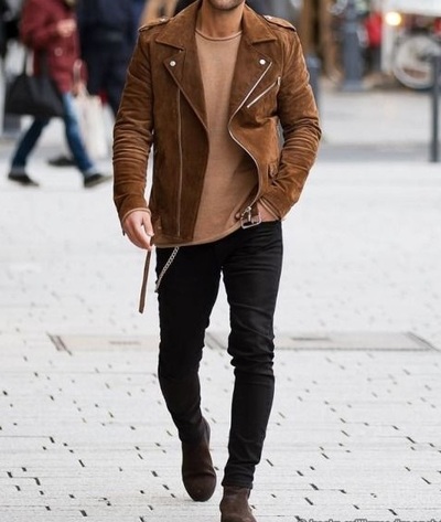 Mens Tan Brown Suede Biker Jacket, Men Brown Biker Suede Leather Jacket
