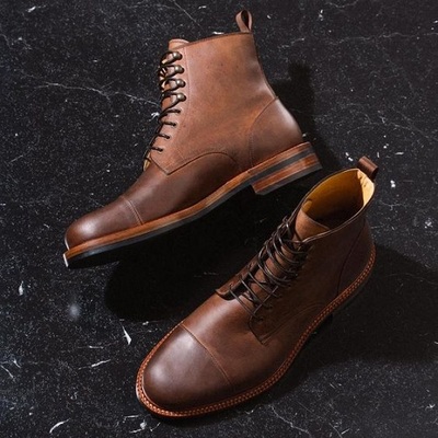 Handmade antique brown pull up leather ankle boots, men cap toe ankle boot