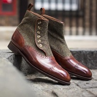 Handmade Men Cap Toe Tow Tone Button Boots, Mens Brown Tweed Button Boot - Thumbnail 4