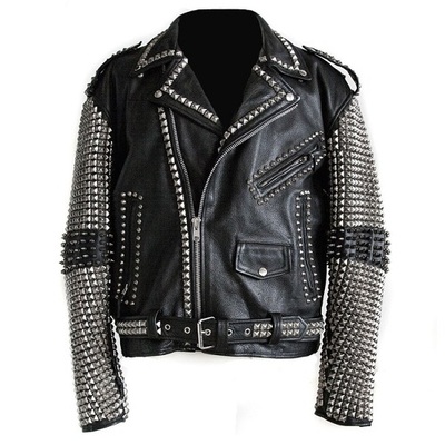 Men punk style studded real leather jacket biker rock design leather jacket