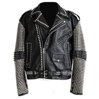 Men Punk Style Studded Real Leather Jacket Biker Rock Design Leather Jacket - Thumbnail 3