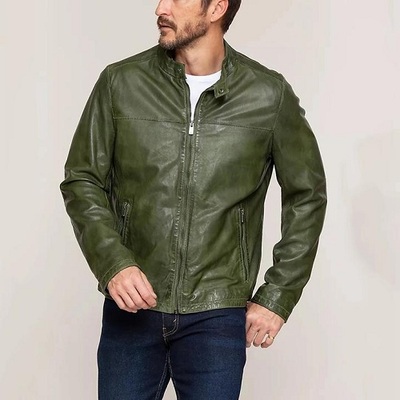 Men Green Slim Fit Leather Jacket, Real Leather Biker Jacket