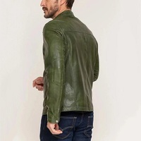 Men Green Slim Fit Leather Jacket, Real Leather Biker Jacket - Thumbnail 2