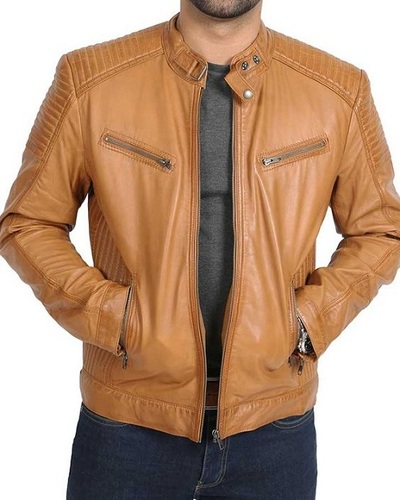 Men Tan Color Moto Leather Jacket, Real Leather Biker Moto Jacket