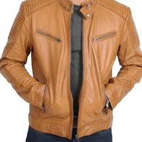 Men Tan Color Moto Leather Jacket, Real Leather Biker Moto Jacket - Thumbnail 3