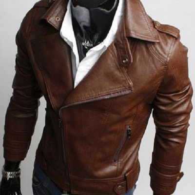 Men's brown motorcycle leather jacket, men slim fit jacket, korean style biker jacket