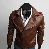 Men's Brown Motorcycle Leather Jacket, Men Slim fit Jacket, Korean style Biker Jacket - Thumbnail 1