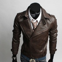 Men's Brown Motorcycle Leather Jacket, Men Slim fit Jacket, Korean style Biker Jacket - Thumbnail 1