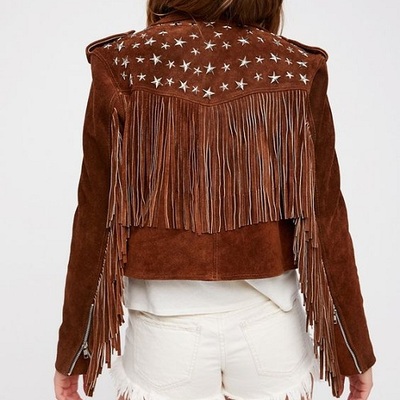 Women brown rock punk style studded fringe jacket, biker suede jacket