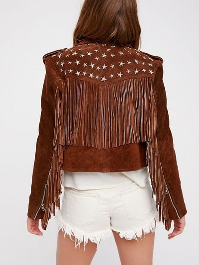 Women Brown Rock Punk Style Studded Fringe Jacket, Biker Suede Jacket