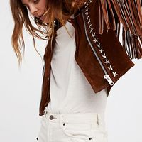Women Brown Rock Punk Style Studded Fringe Jacket, Biker Suede Jacket - Thumbnail 2