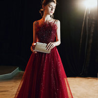 Unique burgundy lace prom dress formal dress - Thumbnail 2