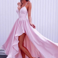 Spaghetti Straps A Line Pink Long Satin Prom/Evening Dress  - Thumbnail 1