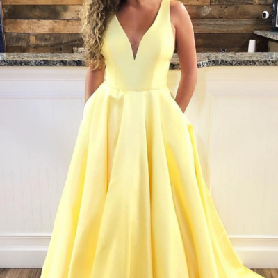 Elegant spaghetti straps v neck yellow prom dress with pockets,evening dress - Thumbnail 3