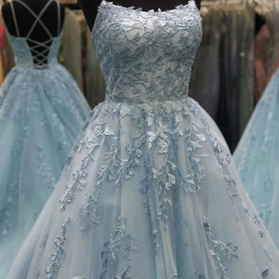 Amazing spaghetti straps a line blue prom/evening dresses with appliques - Thumbnail 5