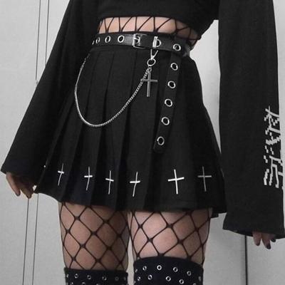 Gothic black pleated skirt with criss-cross embroidery