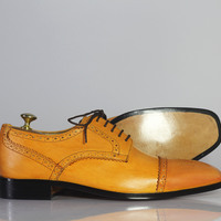 Handmade Tan Shoes, Men's Cap Toe Brogue Formal Cap Toe Leather Shoes - Thumbnail 3