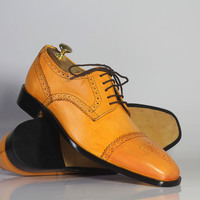 Handmade Tan Shoes, Men's Cap Toe Brogue Formal Cap Toe Leather Shoes - Thumbnail 1