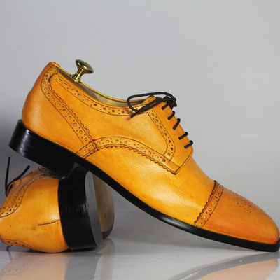Handmade tan shoes, men's cap toe brogue formal cap toe leather shoes - Thumbnail 3