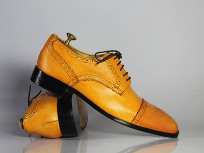 Handmade Tan Shoes, Men's Cap Toe Brogue Formal Cap Toe Leather Shoes