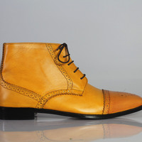 Handmade men's Tan ankle boots, men Cap Toe leather boots, Lace Up formal boot for men - Thumbnail 3
