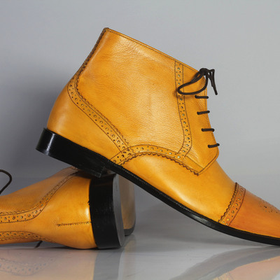 Handmade men's tan ankle boots, men cap toe leather boots, lace up formal boot for men - Thumbnail 3