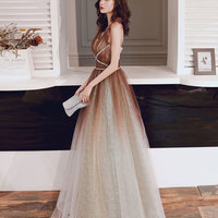 Stylish v neck tulle sequins prom dress evening dress - Thumbnail 2