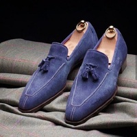 Dress shoes for mens, Men blue Suede Tassels shoes moccasins loafer slip ons - Thumbnail 4