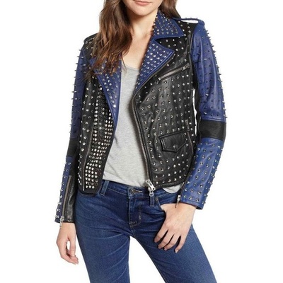 Women two tone rock punk style studded jacket, women biker studded jacket