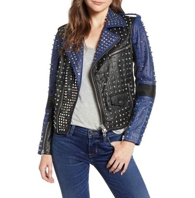 Women Two Tone Rock Punk Style Studded Jacket, Women Biker Studded Jacket