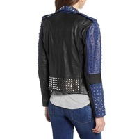 Women Two Tone Rock Punk Style Studded Jacket, Women Biker Studded Jacket - Thumbnail 1