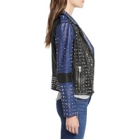Women Two Tone Rock Punk Style Studded Jacket, Women Biker Studded Jacket - Thumbnail 3