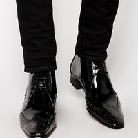 Handmade Men Black Brogue Oxford Lace up ankle boots, Men Black Patent Leather dress ankle high boots - Thumbnail 4