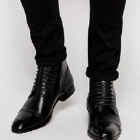 Handmade Men Black Brogue Oxford Lace up ankle boots, Men Black Leather dress ankle high boots - Thumbnail 1
