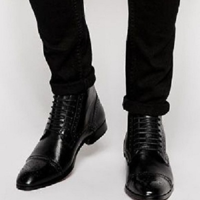Handmade men black brogue oxford lace up ankle boots, men black leather dress ankle high boots - Thumbnail 3