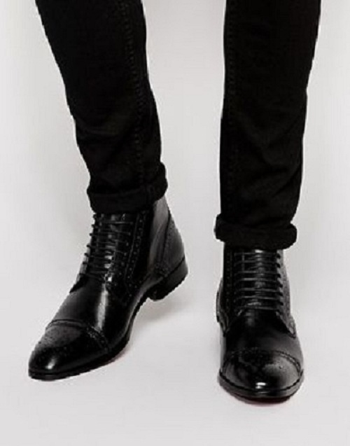 Handmade Men Black Brogue Oxford Lace up ankle boots, Men Black Leather dress ankle high boots