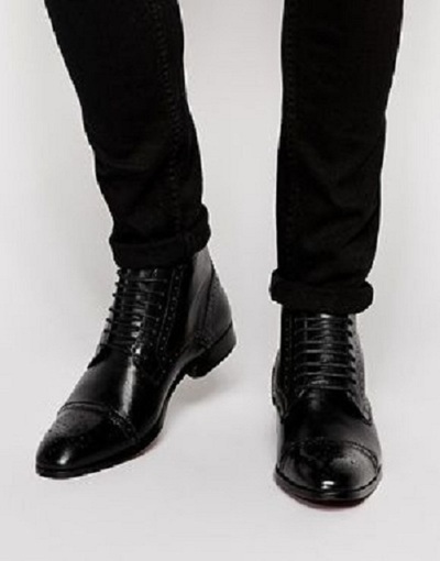 Handmade Men Black Brogue Oxford Lace up ankle boots, Men Black Leather dress ankle high boots