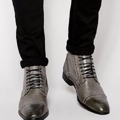 Handmade men gray brogue oxford lace up ankle boots, men gray leather dress ankle high boots