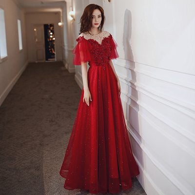 Red tulle lace long prom dress red evening dress - Thumbnail 4