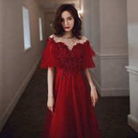 Red tulle lace long prom dress red evening dress - Thumbnail 3